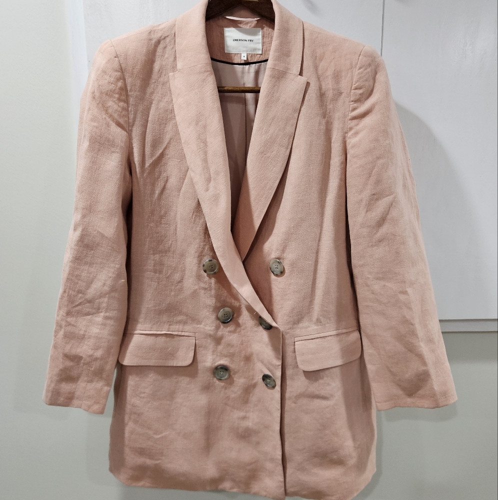 Emerson Fry Womens Lee Blazer Linen Pink 8 Double Breasted Relaxed Blush Preppy